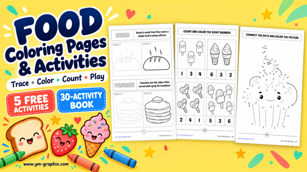 Food coloring pages and activities for kids showing bread and pancake tracing, ice cream counting and a cupcake dot-to-dot worksheet.